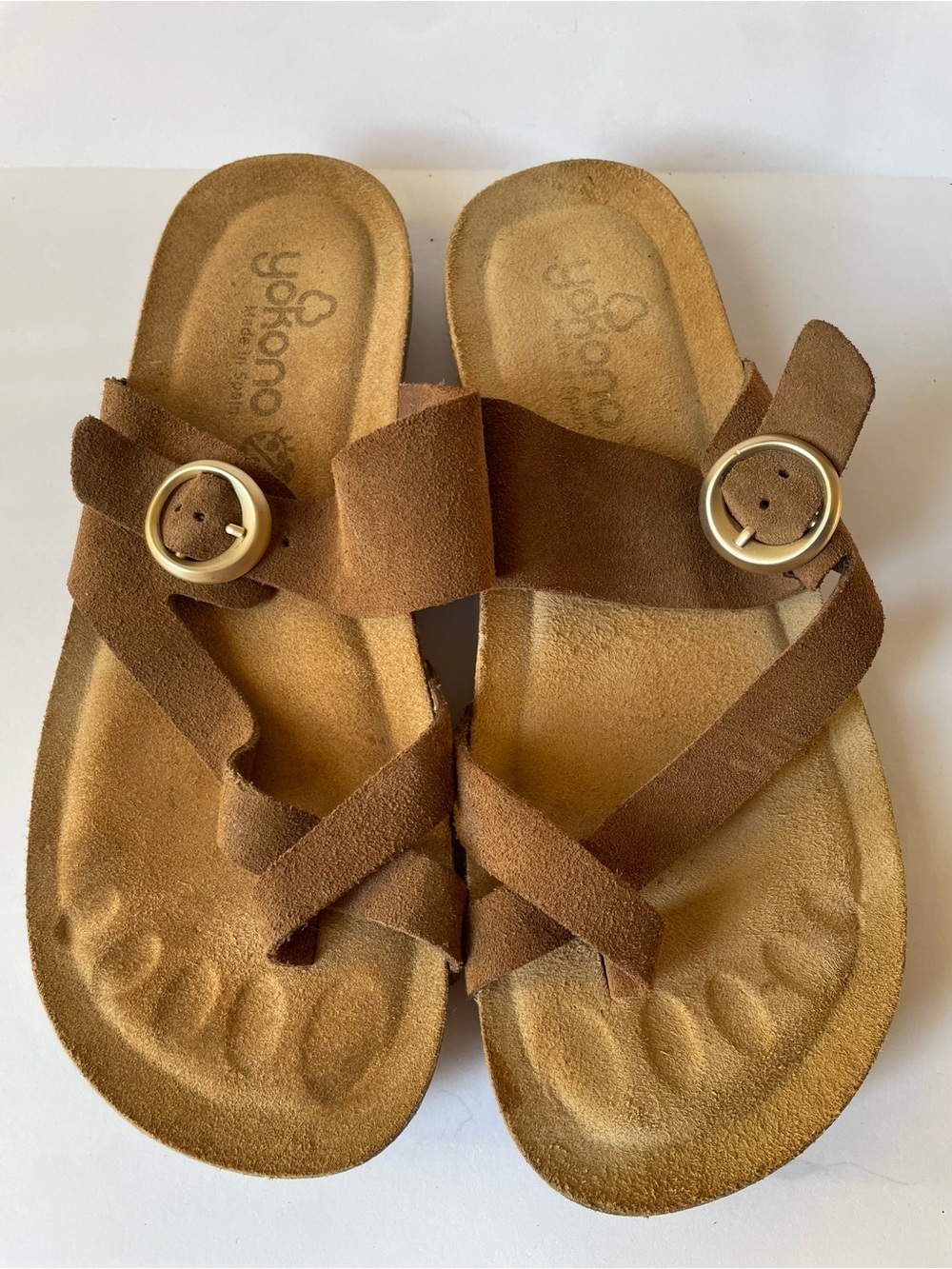 Yokono Ibiza Brown Suede Thong Toe Loop Sandals Cork Footbed Slingback Size 8